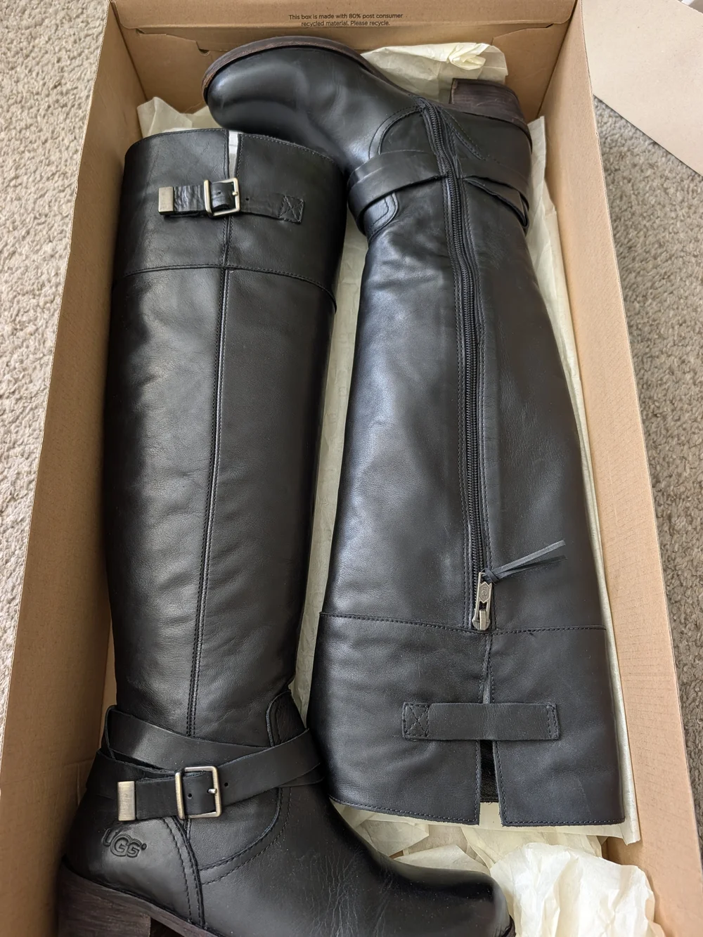 UGG NIB Bess Black Leather Knee-High Buckle Heeled Boot